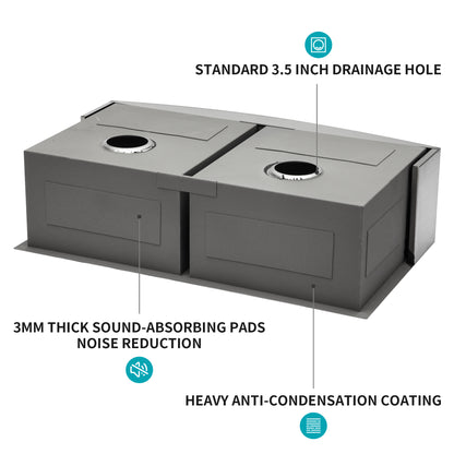 Double Bowl (50/50) Farmhouse Sink- 36" x 20" x 9" Stainless Steel Apron Front Kitchen Sink 16 Gauge with Two 9" Deep Basin