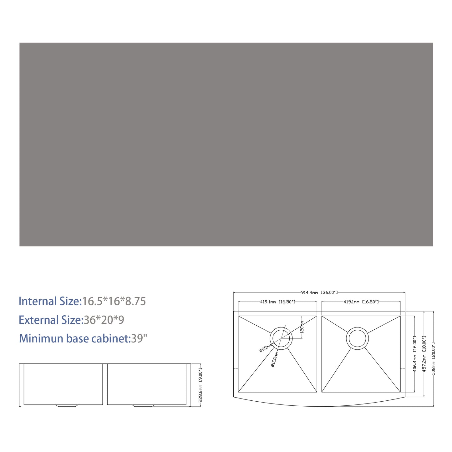 Double Bowl (50/50) Farmhouse Sink- 36" x 20" x 9" Stainless Steel Apron Front Kitchen Sink 16 Gauge with Two 9" Deep Basin