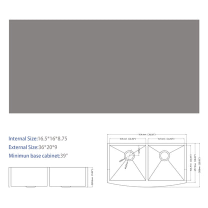 Double Bowl (50/50) Farmhouse Sink- 36" x 20" x 9" Stainless Steel Apron Front Kitchen Sink 16 Gauge with Two 9" Deep Basin