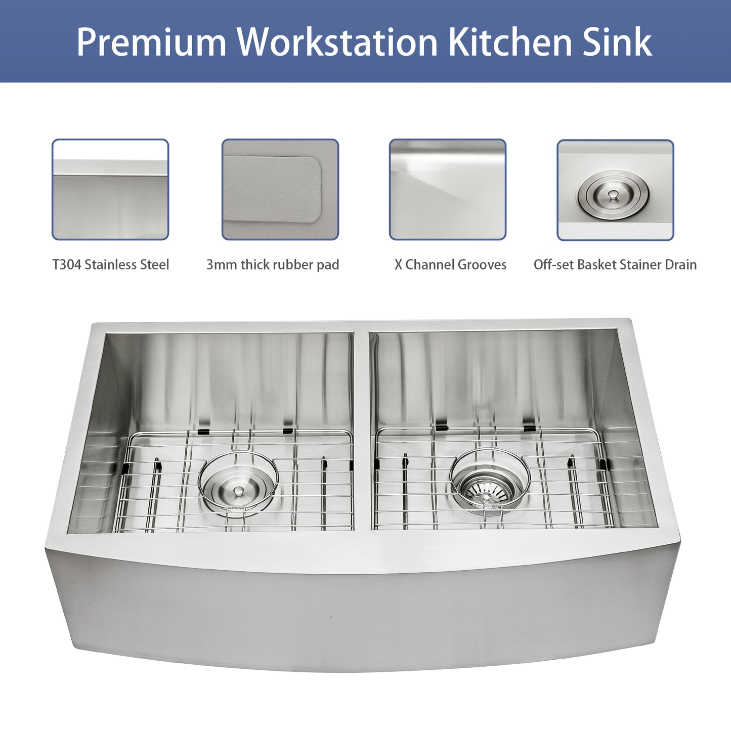 Double Bowl (50/50) Farmhouse Sink- 36" x 20" x 9" Stainless Steel Apron Front Kitchen Sink 16 Gauge with Two 9" Deep Basin
