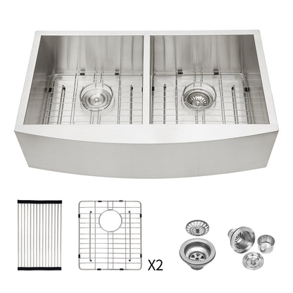 Double Bowl (50/50) Farmhouse Sink- 36" x 20" x 9" Stainless Steel Apron Front Kitchen Sink 16 Gauge with Two 9" Deep Basin