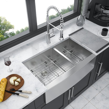Double Bowl (60/40) Farmhouse Sink- 36" x 20" x 9" Stainless Steel Apron Front Kitchen Sink 16 Gauge with Two 9" Deep Basin