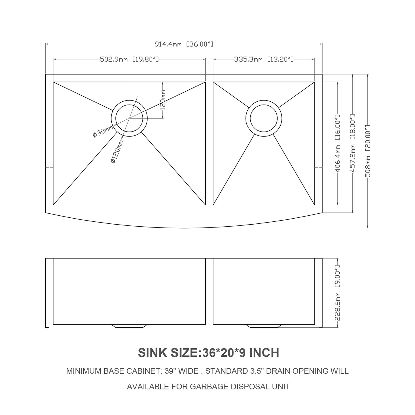Double Bowl (60/40) Farmhouse Sink- 36" x 20" x 9" Stainless Steel Apron Front Kitchen Sink 16 Gauge with Two 9" Deep Basin