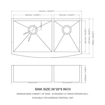 Double Bowl (60/40) Farmhouse Sink- 36" x 20" x 9" Stainless Steel Apron Front Kitchen Sink 16 Gauge with Two 9" Deep Basin