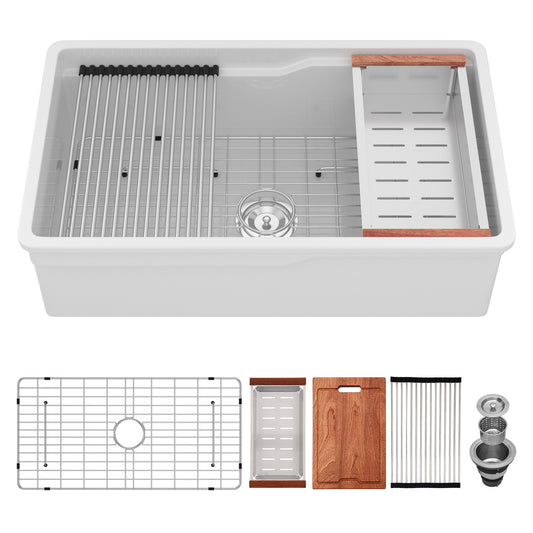 32"x19"x10" Undermount Workstation Single Bowl Porcelain Fireclay Kitchen Sink - Dual Mount White Fireclay Rectangular Deep Single Bowl Sink Basin