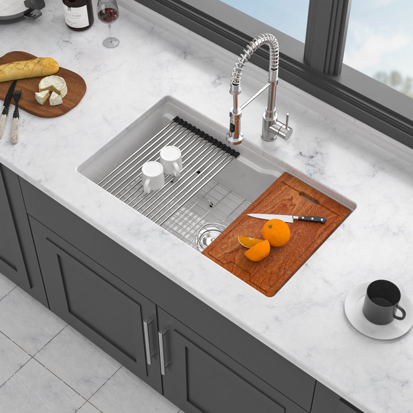 32"x19"x10" Undermount Workstation Single Bowl Porcelain Fireclay Kitchen Sink - Dual Mount White Fireclay Rectangular Deep Single Bowl Sink Basin