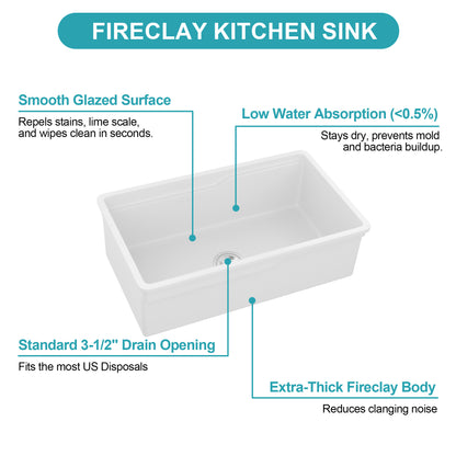 32"x19"x10" Undermount Workstation Single Bowl Porcelain Fireclay Kitchen Sink - Dual Mount White Fireclay Rectangular Deep Single Bowl Sink Basin