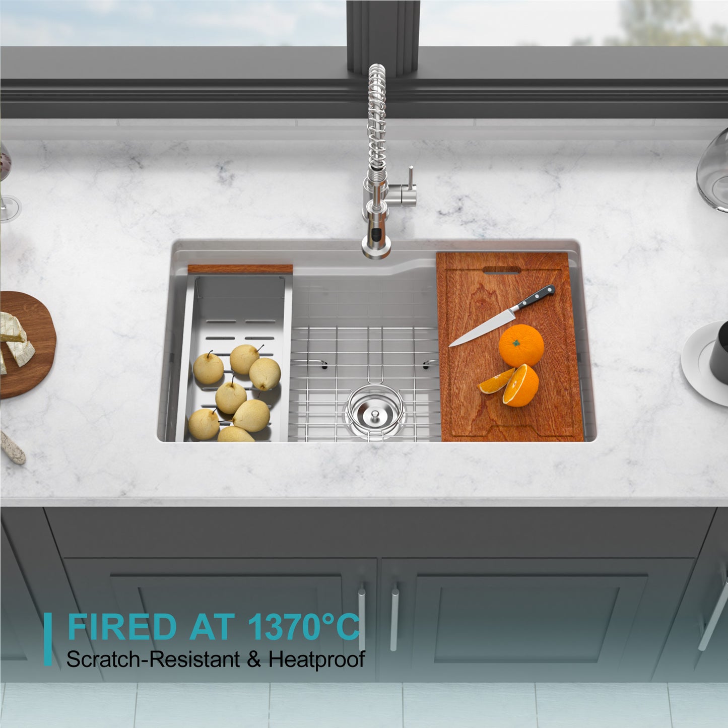 32"x19"x10" Undermount Workstation Single Bowl Porcelain Fireclay Kitchen Sink - Dual Mount White Fireclay Rectangular Deep Single Bowl Sink Basin