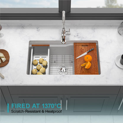 32"x19"x10" Undermount Workstation Single Bowl Porcelain Fireclay Kitchen Sink - Dual Mount White Fireclay Rectangular Deep Single Bowl Sink Basin