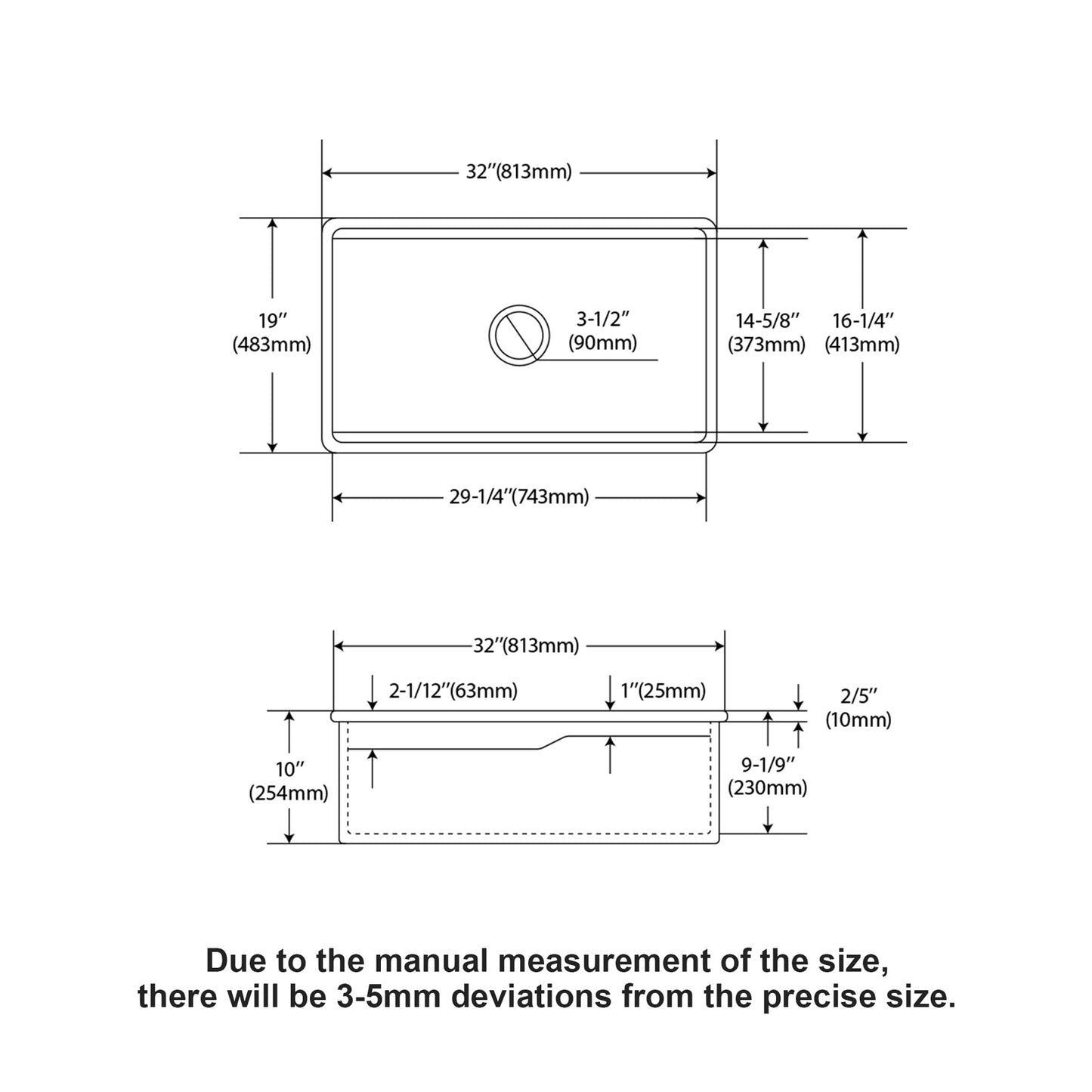 32"x19"x10" Undermount Workstation Single Bowl Porcelain Fireclay Kitchen Sink - Dual Mount White Fireclay Rectangular Deep Single Bowl Sink Basin
