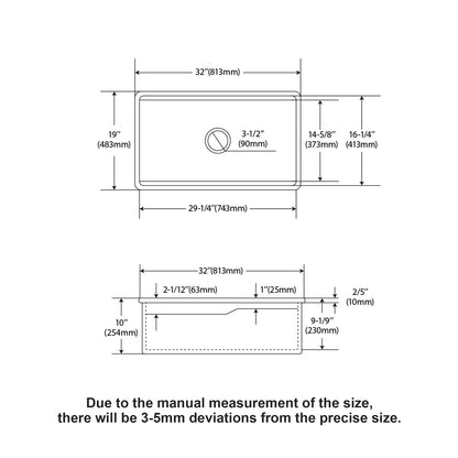 32"x19"x10" Undermount Workstation Single Bowl Porcelain Fireclay Kitchen Sink - Dual Mount White Fireclay Rectangular Deep Single Bowl Sink Basin