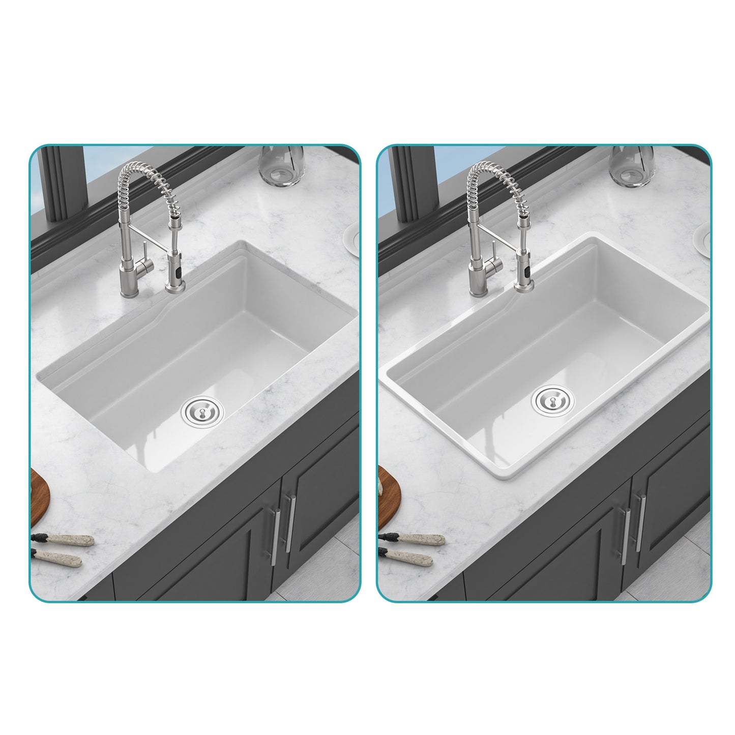 32"x19"x10" Undermount Workstation Single Bowl Porcelain Fireclay Kitchen Sink - Dual Mount White Fireclay Rectangular Deep Single Bowl Sink Basin