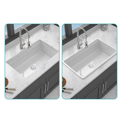 32"x19"x10" Undermount Workstation Single Bowl Porcelain Fireclay Kitchen Sink - Dual Mount White Fireclay Rectangular Deep Single Bowl Sink Basin