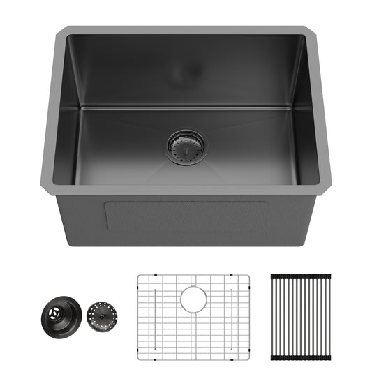 Laundry Sink 24 Inch - 24 x 18 x 12 Inch Undermount Gunmetal Black Laundry Utility Sink Deep Single Bowl 16 Gauge Stainless Steel Laundry Tub Sinks