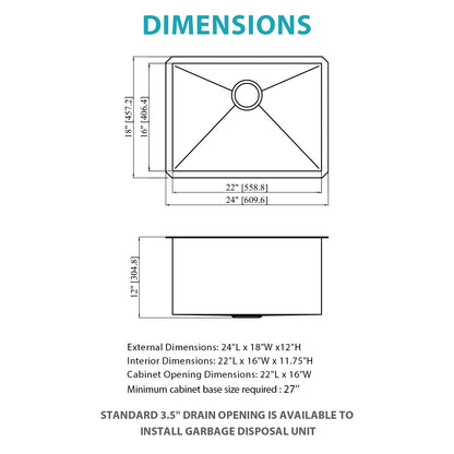 Laundry Sink 24 Inch - 24 x 18 x 12 Inch Undermount Gunmetal Black Laundry Utility Sink Deep Single Bowl 16 Gauge Stainless Steel Laundry Tub Sinks