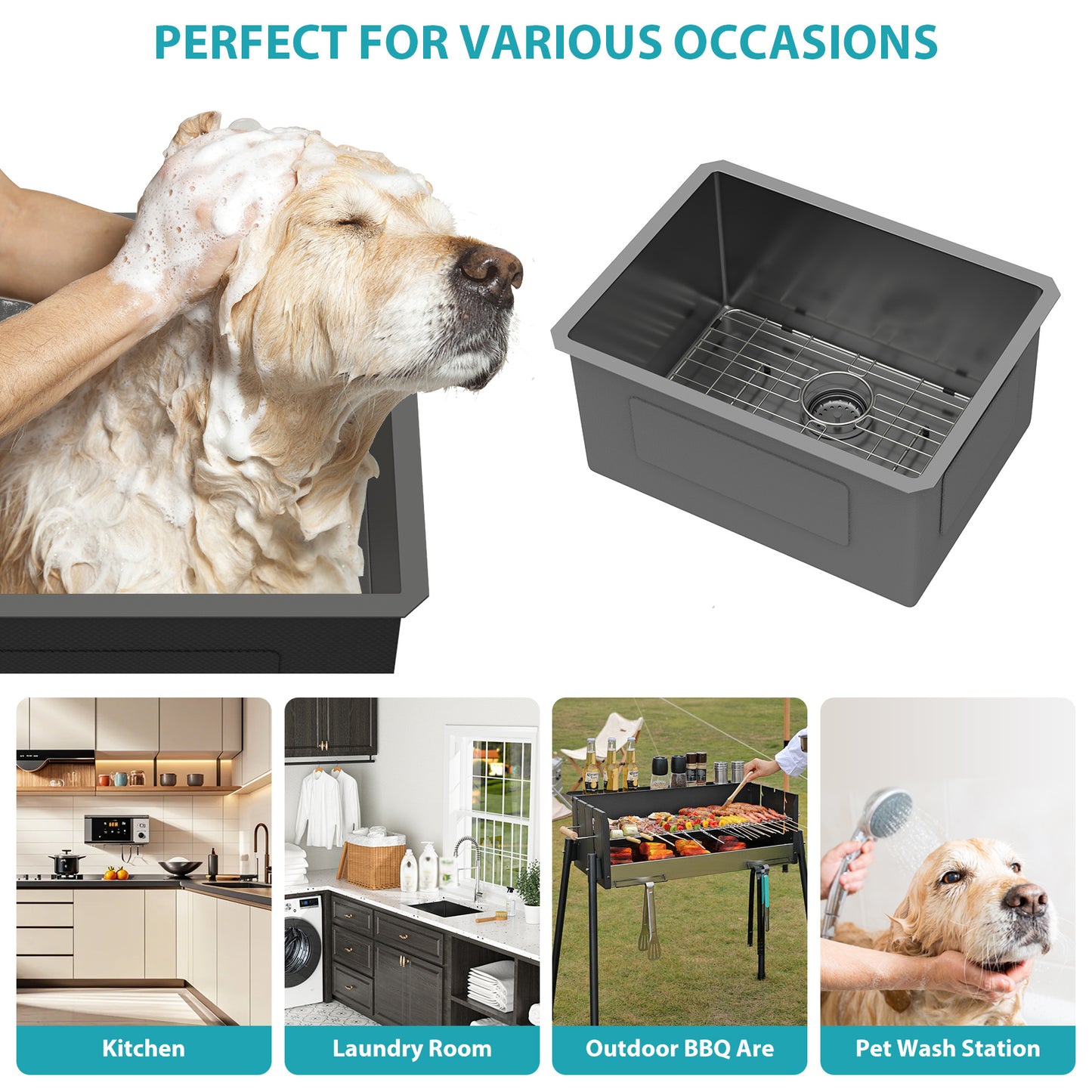 Laundry Sink 24 Inch - 24 x 18 x 12 Inch Undermount Gunmetal Black Laundry Utility Sink Deep Single Bowl 16 Gauge Stainless Steel Laundry Tub Sinks