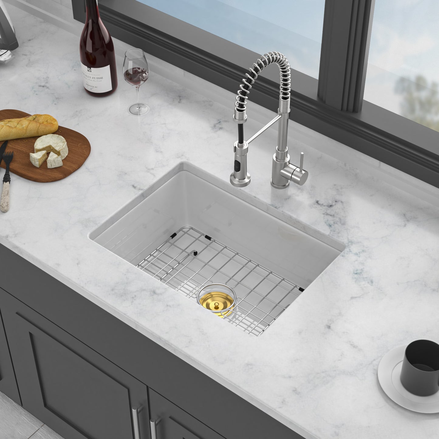 24" x 18" x 9" Undermount Single Bowl Porcelain Ceramic Kitchen Sink - Dual Mount White Ceramic Rectangular Deep Single Bowl Sink Basin