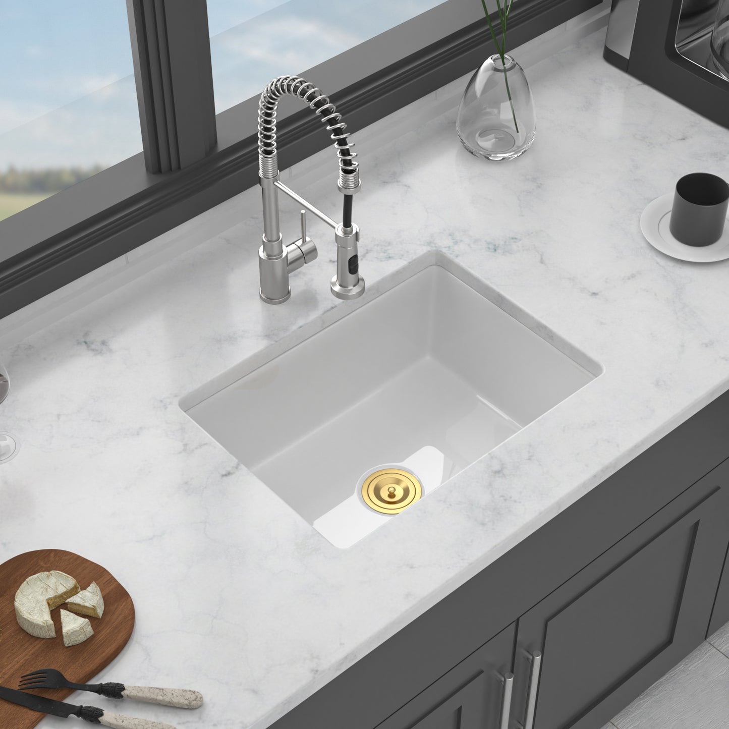 24" x 18" x 9" Undermount Single Bowl Porcelain Ceramic Kitchen Sink - Dual Mount White Ceramic Rectangular Deep Single Bowl Sink Basin