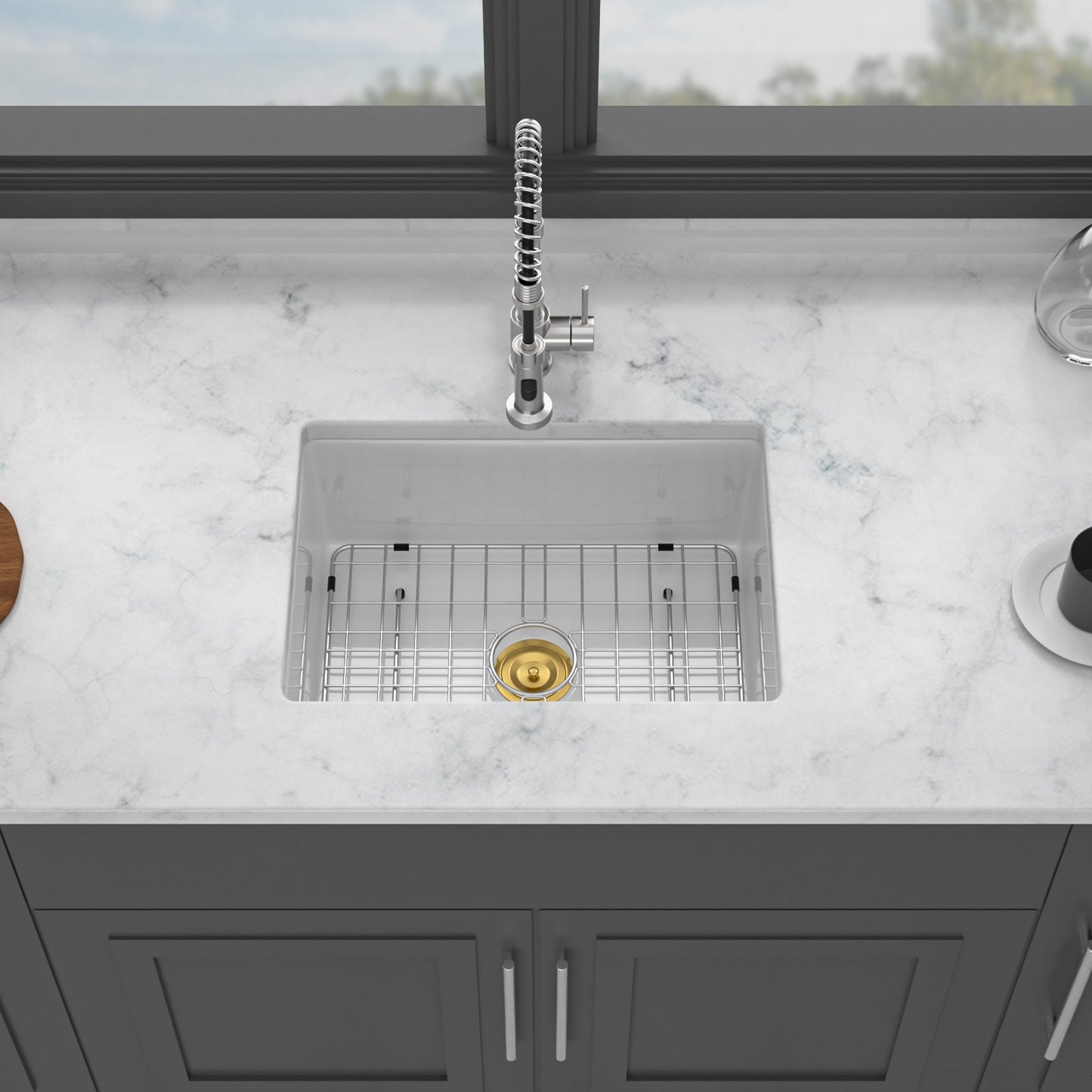 24" x 18" x 9" Undermount Single Bowl Porcelain Ceramic Kitchen Sink - Dual Mount White Ceramic Rectangular Deep Single Bowl Sink Basin