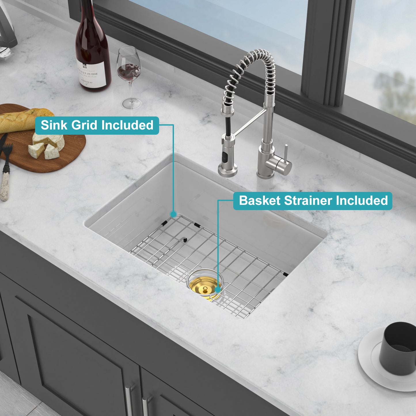 24" x 18" x 9" Undermount Single Bowl Porcelain Ceramic Kitchen Sink - Dual Mount White Ceramic Rectangular Deep Single Bowl Sink Basin