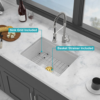 24" x 18" x 9" Undermount Single Bowl Porcelain Ceramic Kitchen Sink - Dual Mount White Ceramic Rectangular Deep Single Bowl Sink Basin