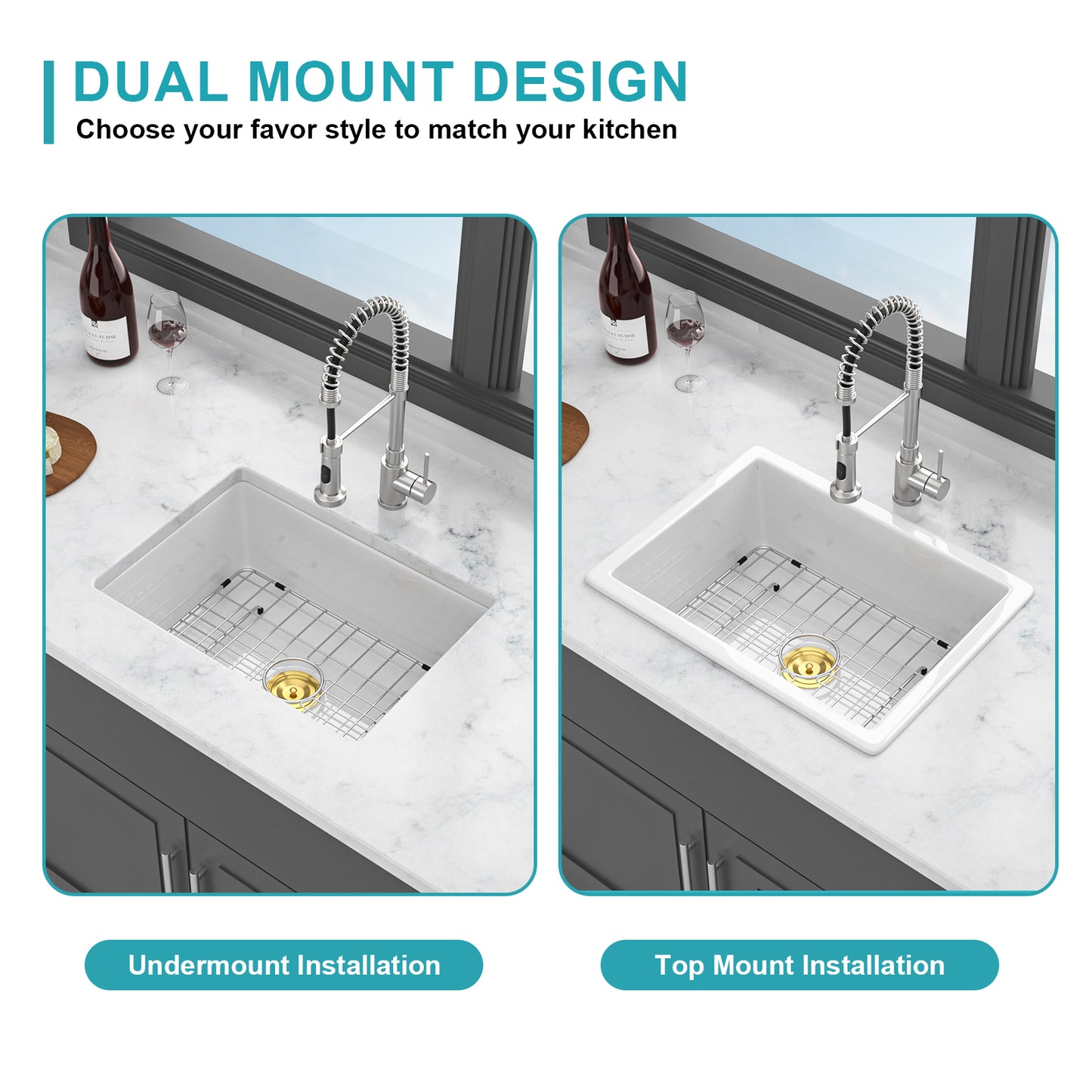 24" x 18" x 9" Undermount Single Bowl Porcelain Ceramic Kitchen Sink - Dual Mount White Ceramic Rectangular Deep Single Bowl Sink Basin