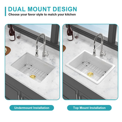 24" x 18" x 9" Undermount Single Bowl Porcelain Ceramic Kitchen Sink - Dual Mount White Ceramic Rectangular Deep Single Bowl Sink Basin