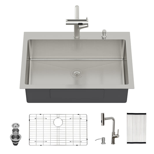 30" Drop-in Kitchen Sink with Pull-out Faucet and Soap Dispenser - 30 x 22 x 10 inch Single Bowl 16 Gauge Stainless Steel Topmount Kitchen Sink Basin