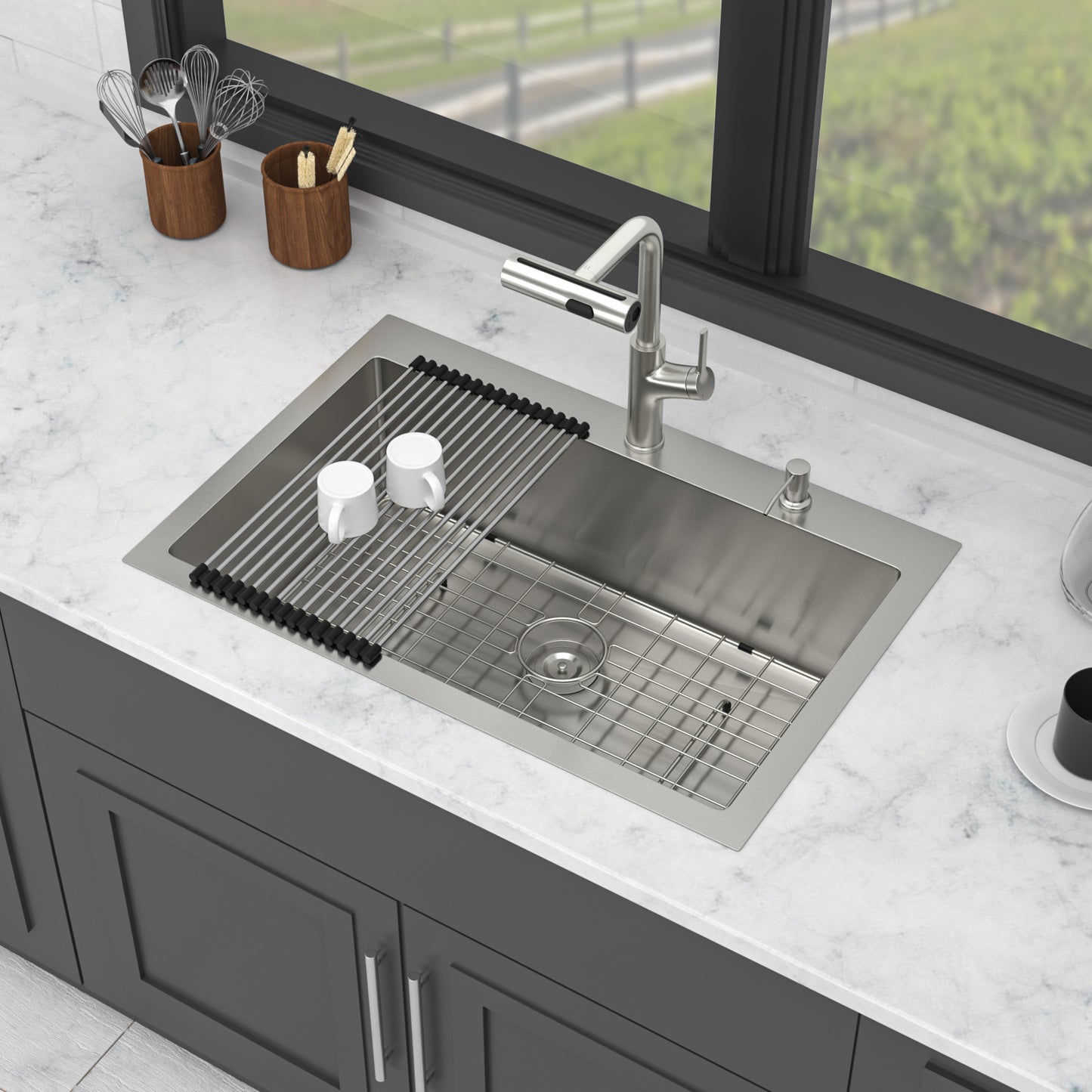 30" Drop-in Kitchen Sink with Pull-out Faucet and Soap Dispenser - 30 x 22 x 10 inch Single Bowl 16 Gauge Stainless Steel Topmount Kitchen Sink Basin