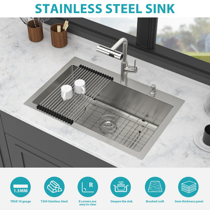 30" Drop-in Kitchen Sink with Pull-out Faucet and Soap Dispenser - 30 x 22 x 10 inch Single Bowl 16 Gauge Stainless Steel Topmount Kitchen Sink Basin