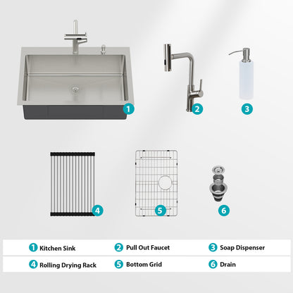 33" Drop-in Kitchen Sink with Pull-out Faucet and Soap Dispenser - 33 x 22 x 10 inch Single Bowl 16 Gauge Stainless Steel Topmount Kitchen Sink Basin