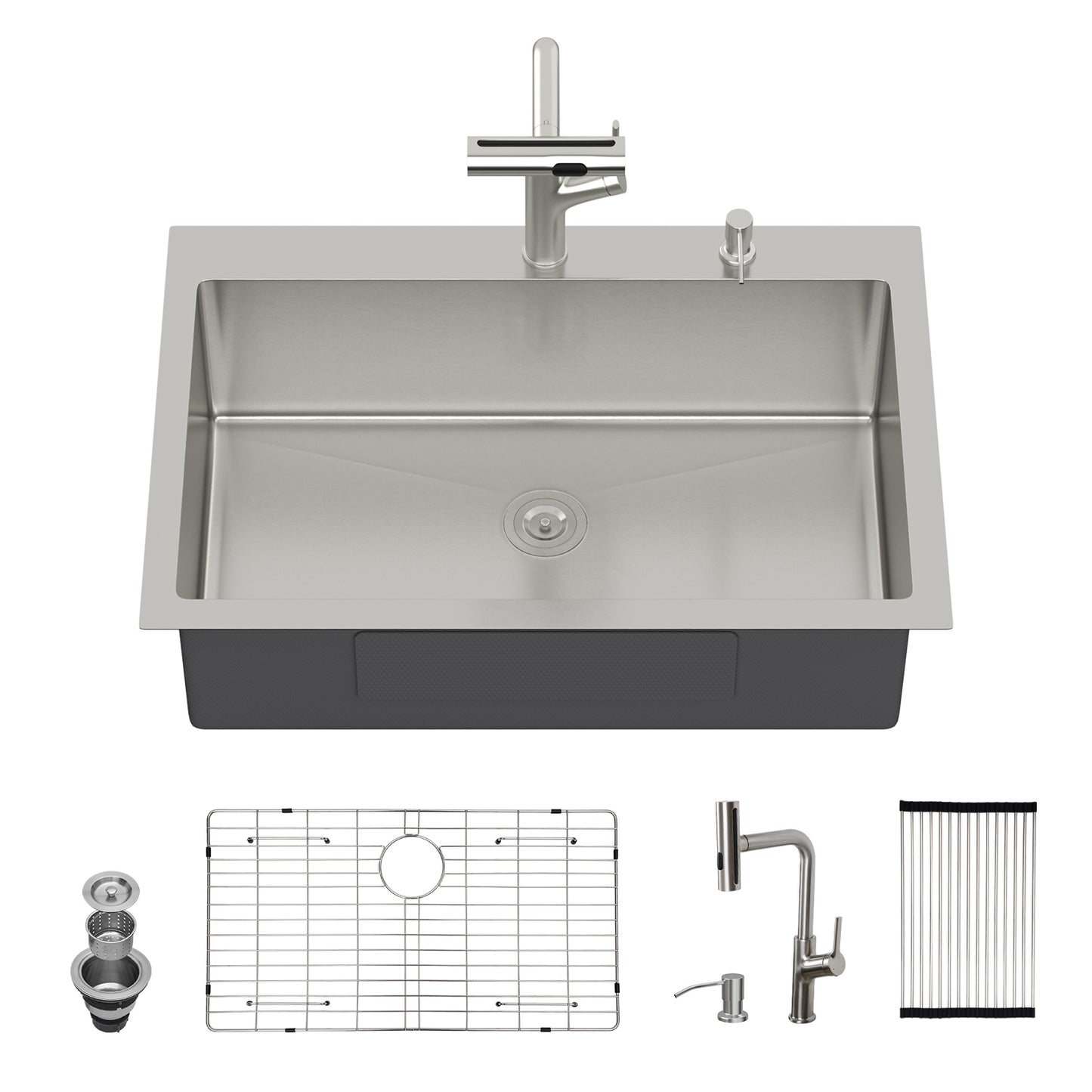 33" Drop-in Kitchen Sink with Pull-out Faucet and Soap Dispenser - 33 x 22 x 10 inch Single Bowl 16 Gauge Stainless Steel Topmount Kitchen Sink Basin