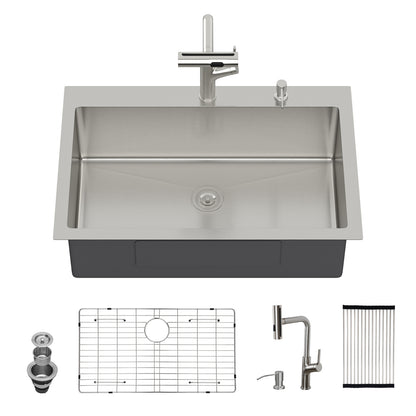 33" Drop-in Kitchen Sink with Pull-out Faucet and Soap Dispenser - 33 x 22 x 10 inch Single Bowl 16 Gauge Stainless Steel Topmount Kitchen Sink Basin