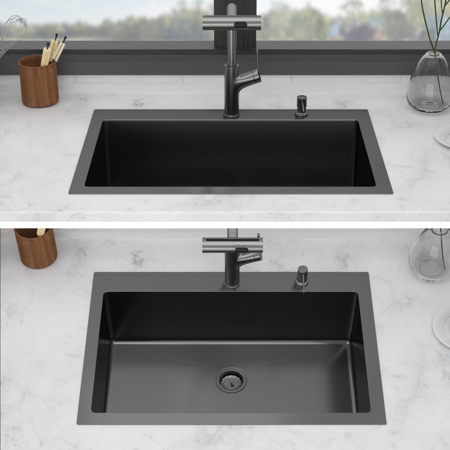 33" Drop-in Gunmetal Black Kitchen Sink with Pull-out Faucet and Soap Dispenser - 33 x 22 x 10 inch Single Bowl 16 Gauge Stainless Steel Topmount Kitchen Sink Basin