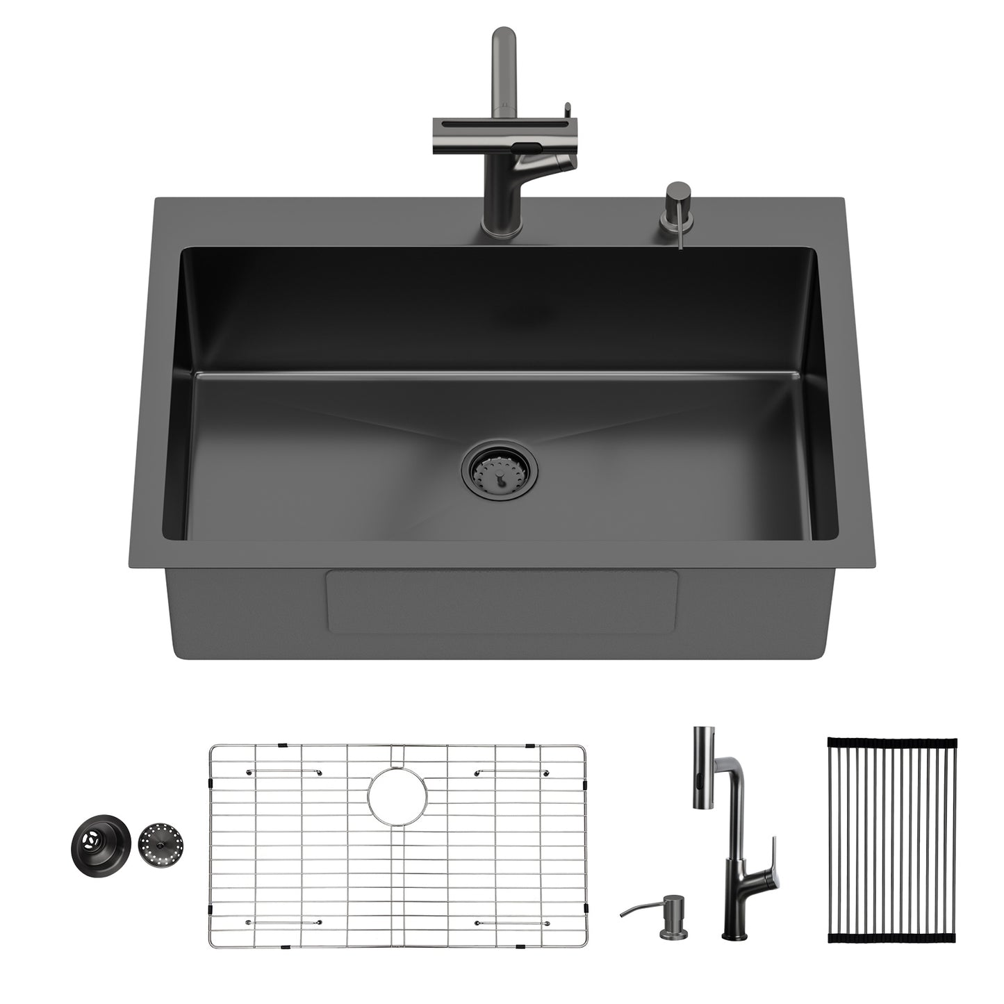 30" Drop-in Gunmetal Black Kitchen Sink with Pull-out Faucet and Soap Dispenser - 30 x 22 x 10 inch Single Bowl 16 Gauge Stainless Steel Topmount Kitchen Sink Basin