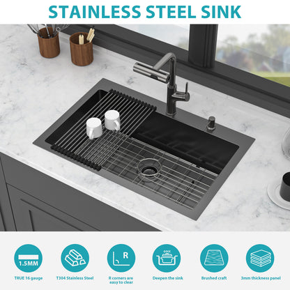 30" Drop-in Gunmetal Black Kitchen Sink with Pull-out Faucet and Soap Dispenser - 30 x 22 x 10 inch Single Bowl 16 Gauge Stainless Steel Topmount Kitchen Sink Basin