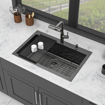 30" Drop-in Gunmetal Black Kitchen Sink with Pull-out Faucet and Soap Dispenser - 30 x 22 x 10 inch Single Bowl 16 Gauge Stainless Steel Topmount Kitchen Sink Basin