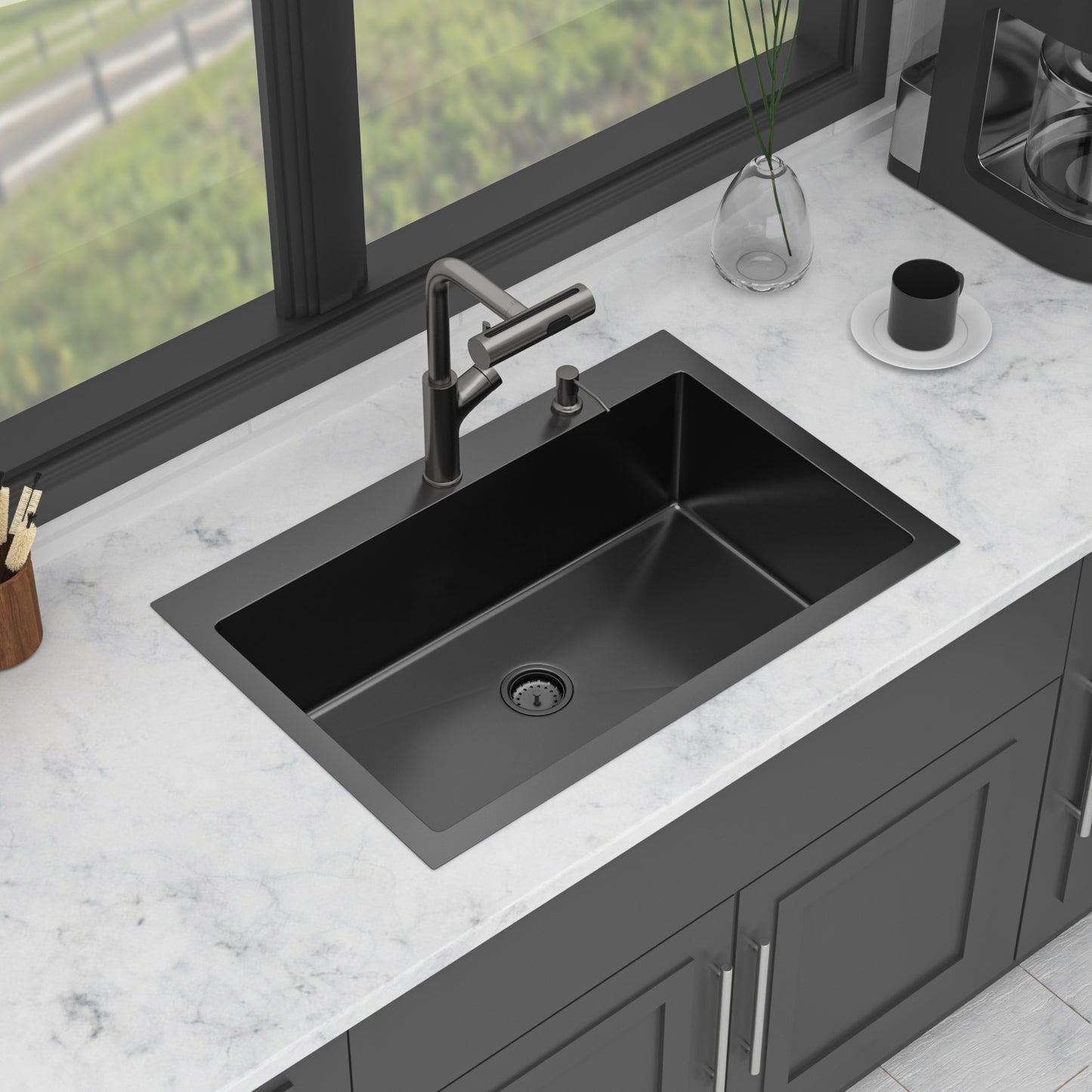 30" Drop-in Gunmetal Black Kitchen Sink with Pull-out Faucet and Soap Dispenser - 30 x 22 x 10 inch Single Bowl 16 Gauge Stainless Steel Topmount Kitchen Sink Basin