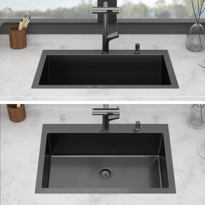30" Drop-in Gunmetal Black Kitchen Sink with Pull-out Faucet and Soap Dispenser - 30 x 22 x 10 inch Single Bowl 16 Gauge Stainless Steel Topmount Kitchen Sink Basin