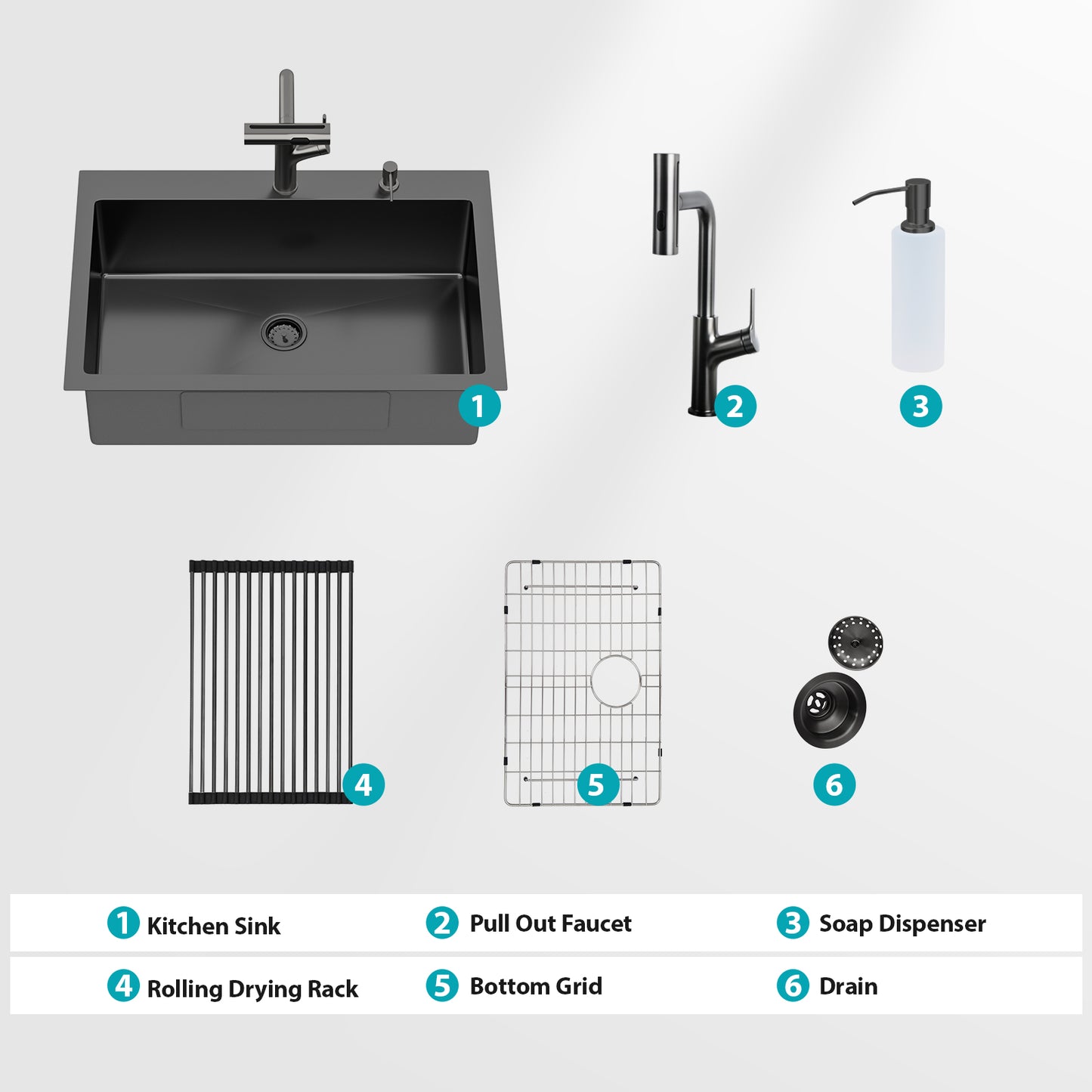 30" Drop-in Gunmetal Black Kitchen Sink with Pull-out Faucet and Soap Dispenser - 30 x 22 x 10 inch Single Bowl 16 Gauge Stainless Steel Topmount Kitchen Sink Basin