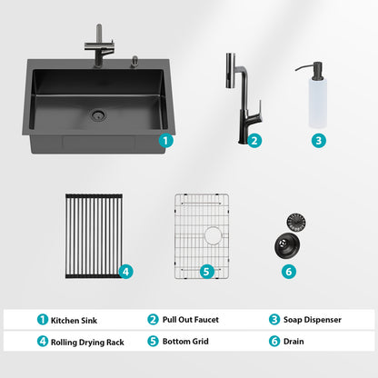 30" Drop-in Gunmetal Black Kitchen Sink with Pull-out Faucet and Soap Dispenser - 30 x 22 x 10 inch Single Bowl 16 Gauge Stainless Steel Topmount Kitchen Sink Basin