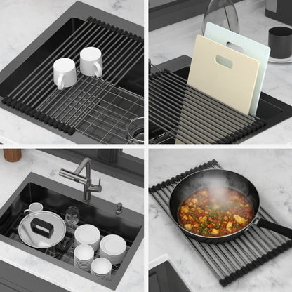 30" Drop-in Gunmetal Black Kitchen Sink with Pull-out Faucet and Soap Dispenser - 30 x 22 x 10 inch Single Bowl 16 Gauge Stainless Steel Topmount Kitchen Sink Basin