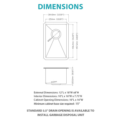 12 Inch Undermount Sink - 12" x 18" x 8" Undermount Stainless Steel Kitchen Sink 16 Gauge 8 Inch Deep Single Bowl Kitchen Sink Basin