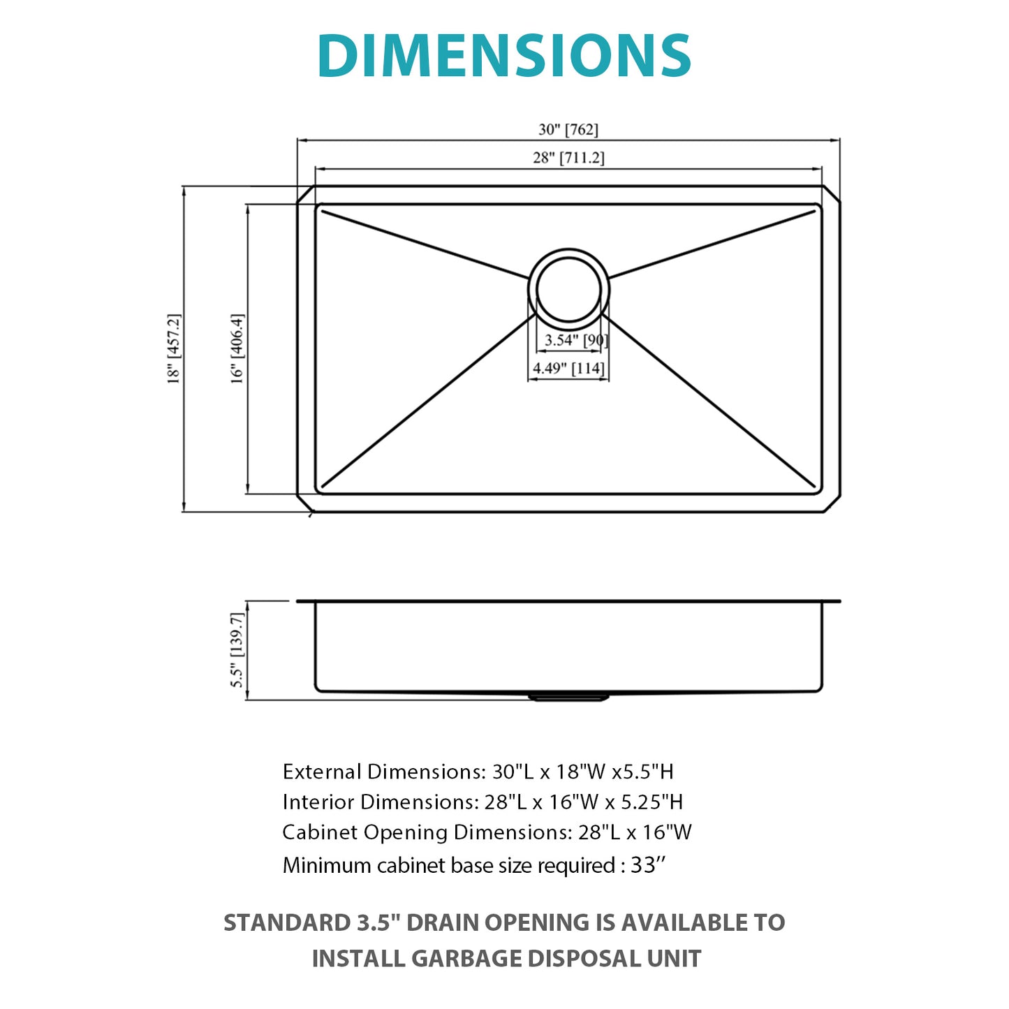 ADA-COMPLIANT Kitchen Sink, 30 Inch Undermount Sink 5.5-Inch Low Depth ADA Compliant Single Bowl 16 Gauge Stainless Steel 30 x 18 x 5.5 Inch Handmade Sinks Basin