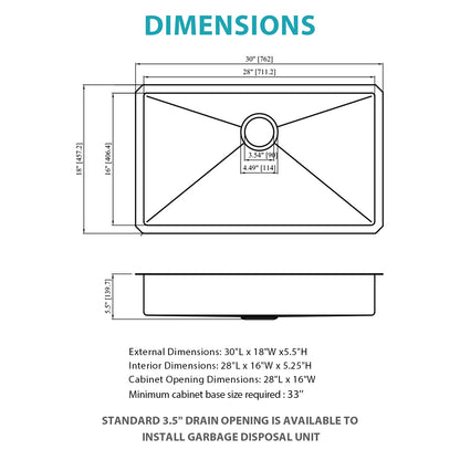 ADA-COMPLIANT Kitchen Sink, 30 Inch Undermount Sink 5.5-Inch Low Depth ADA Compliant Single Bowl 16 Gauge Stainless Steel 30 x 18 x 5.5 Inch Handmade Sinks Basin