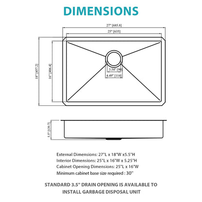 ADA-COMPLIANT Kitchen Sink, 27 Inch Undermount Sink 5.5-Inch Low Depth ADA Compliant Single Bowl 16 Gauge Stainless Steel 27 x 18 x 5.5 Inch Handmade Sinks Basin