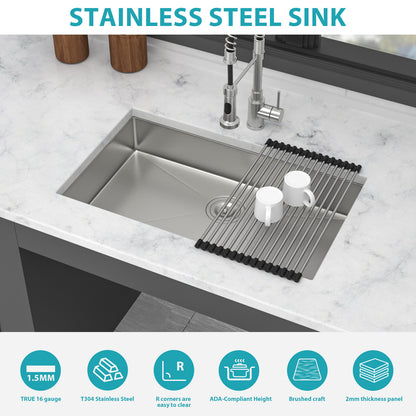 ADA-COMPLIANT Kitchen Sink, 27 Inch Undermount Sink 5.5-Inch Low Depth ADA Compliant Single Bowl 16 Gauge Stainless Steel 27 x 18 x 5.5 Inch Handmade Sinks Basin
