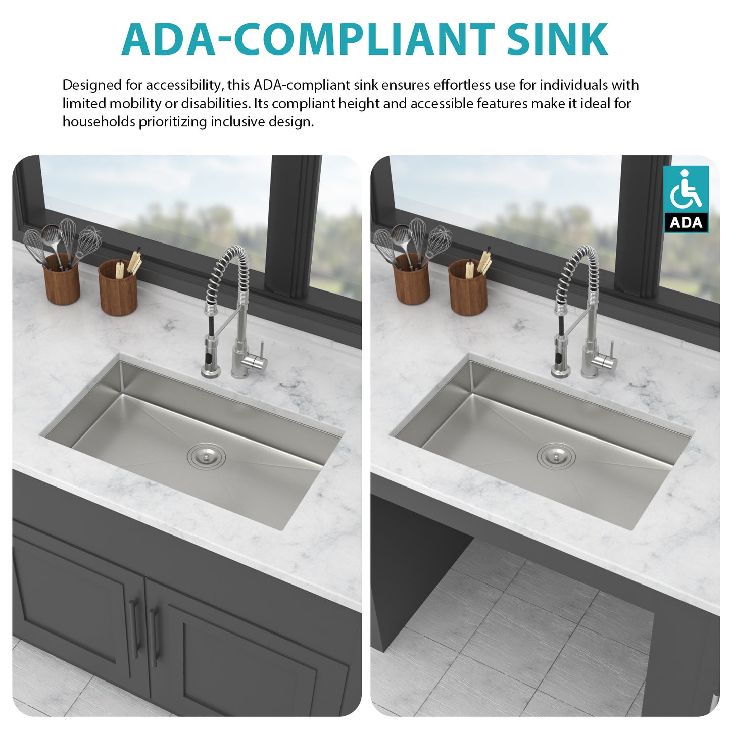 ADA-COMPLIANT Kitchen Sink, 27 Inch Undermount Sink 5.5-Inch Low Depth ADA Compliant Single Bowl 16 Gauge Stainless Steel 27 x 18 x 5.5 Inch Handmade Sinks Basin
