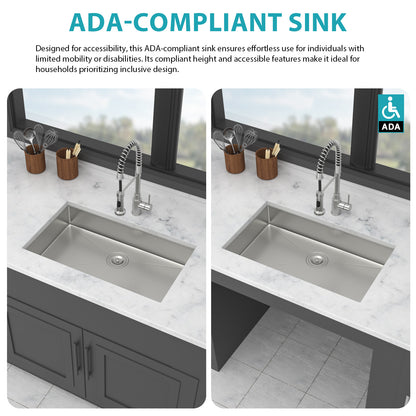ADA-COMPLIANT Kitchen Sink, 27 Inch Undermount Sink 5.5-Inch Low Depth ADA Compliant Single Bowl 16 Gauge Stainless Steel 27 x 18 x 5.5 Inch Handmade Sinks Basin