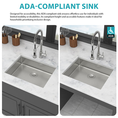 ADA-COMPLIANT Kitchen Sink, 23 Inch Undermount Sink 5.5-Inch Low Depth ADA Compliant Single Bowl 16 Gauge Stainless Steel 23 x 18 x 5.5 Inch Handmade Sinks Basin